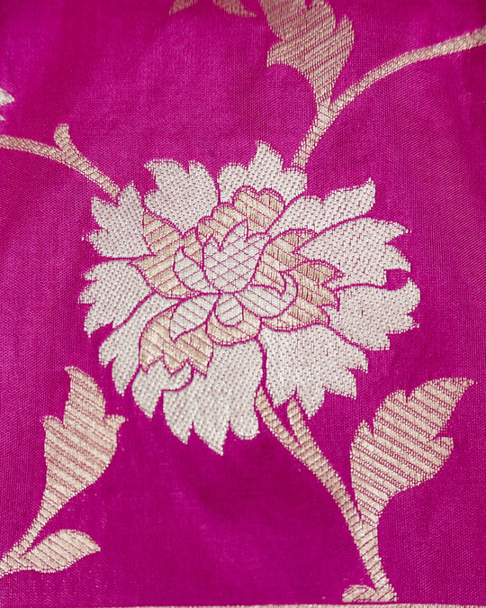 Rani Pink Pure Katan Saree with Floral Jaal Weaving