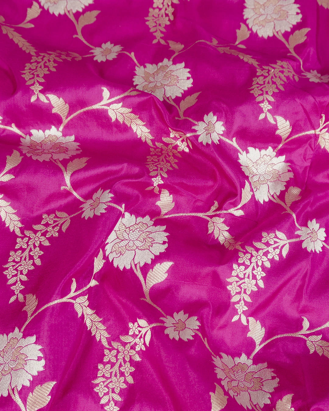 Rani Pink Pure Katan Saree with Floral Jaal Weaving