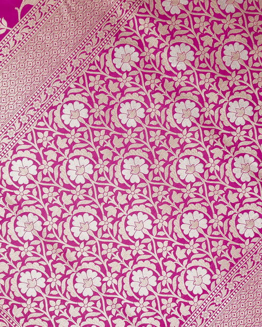 Rani Pink Pure Katan Saree with Floral Jaal Weaving