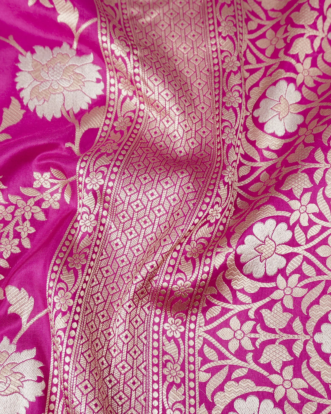 Rani Pink Pure Katan Saree with Floral Jaal Weaving