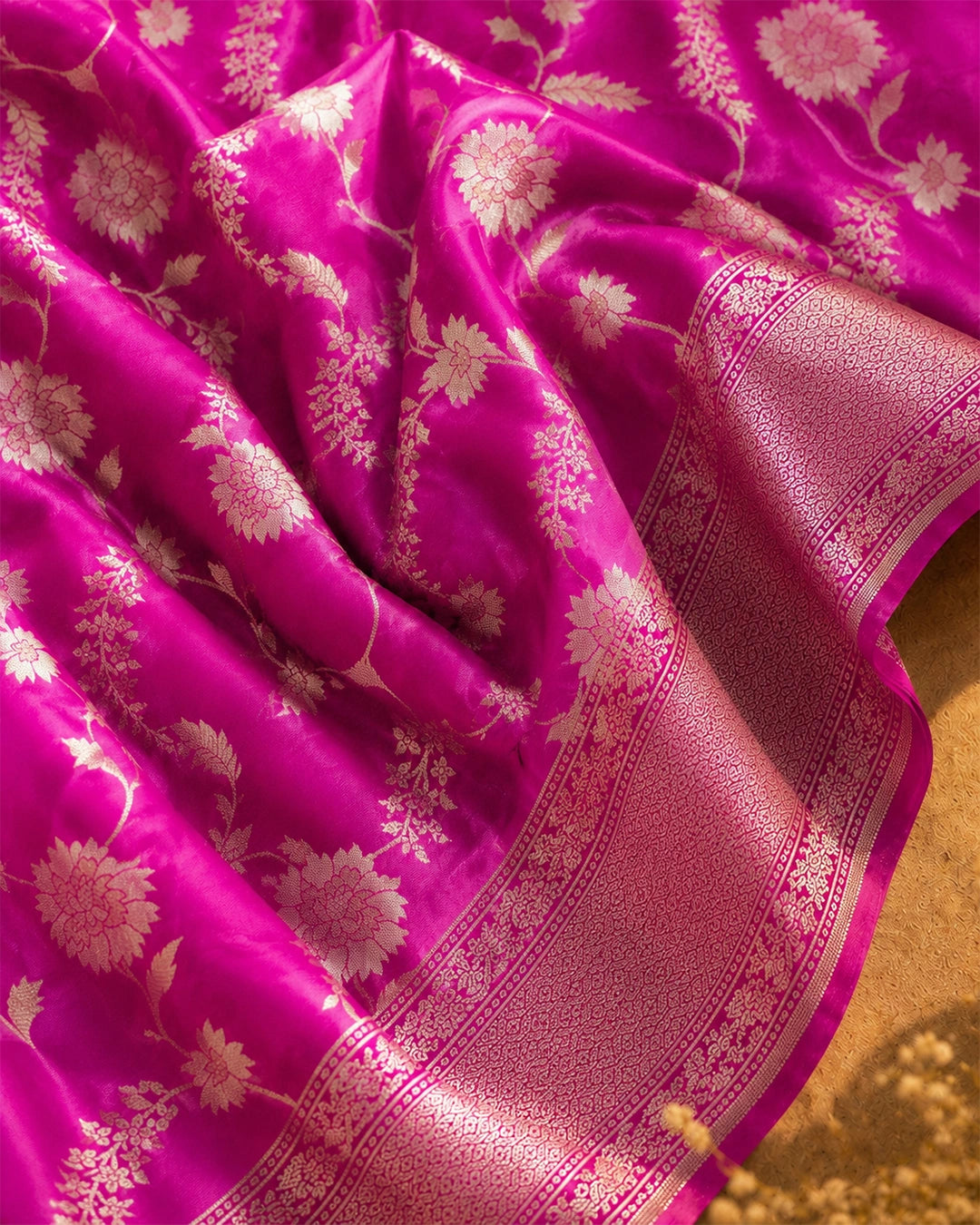 Rani Pink Pure Katan Saree with Floral Jaal Weaving