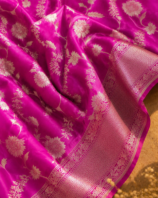 Rani Pink Pure Katan Saree with Floral Jaal Weaving