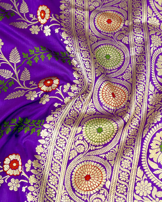 Indigo Purple Pure Katan Saree with Intricate Floral Meenakari Jaal Weaving