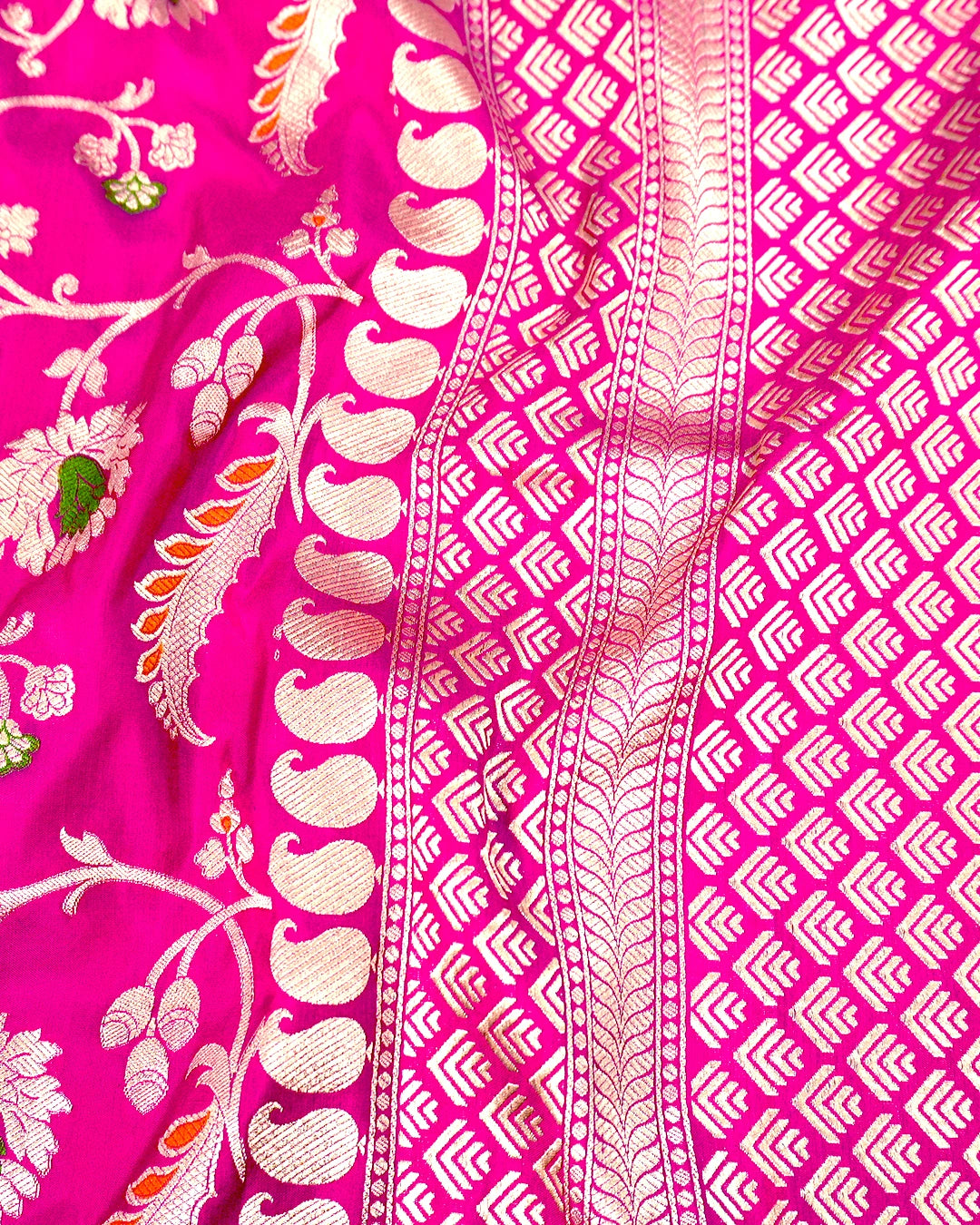 Pink Pure Katan Saree with Meenakari Floral Vine Jaal