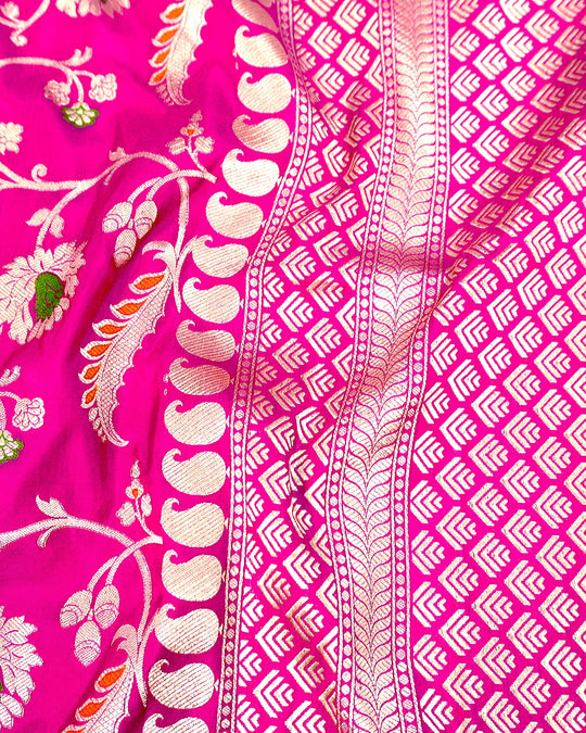 Pink Pure Katan Saree with Meenakari Floral Vine Jaal