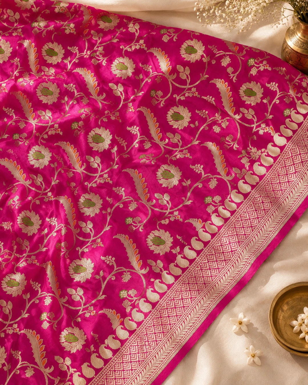 Pink Pure Katan Saree with Meenakari Floral Vine Jaal