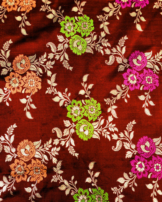 Wine Maroon Pure Katan Saree with Meenakari Floral Jaal