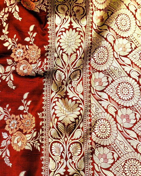 Wine Maroon Pure Katan Saree with Meenakari Floral Jaal