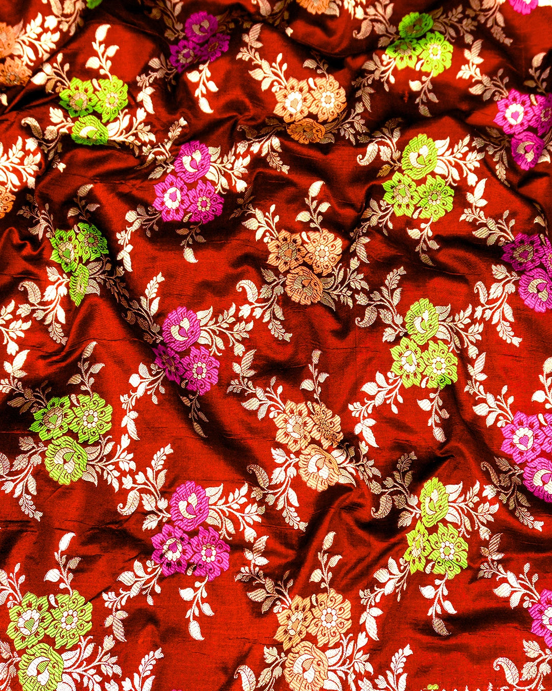 Wine Maroon Pure Katan Saree with Meenakari Floral Jaal
