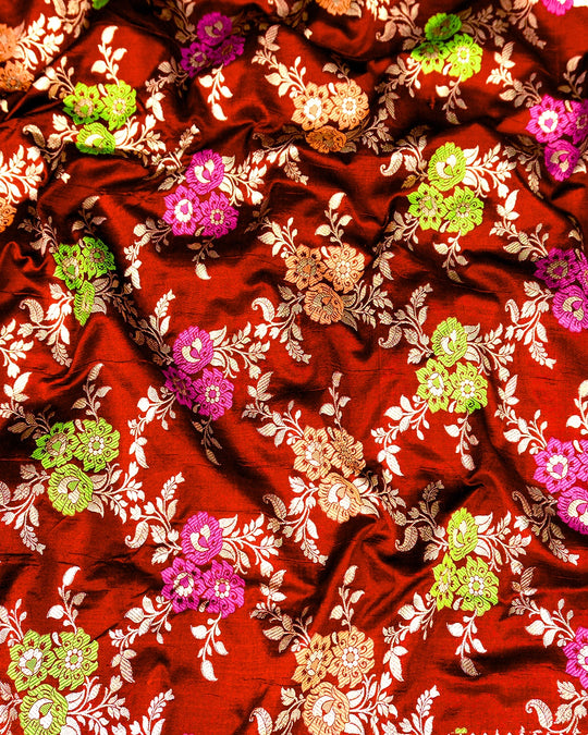 Wine Maroon Pure Katan Saree with Meenakari Floral Jaal