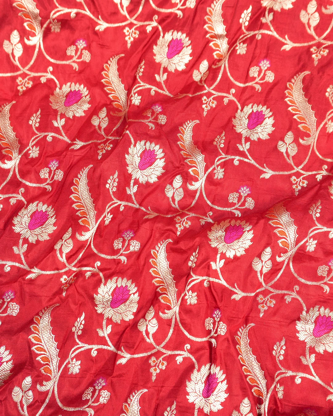 Red Pure Katan Saree with Floral Vine Jaal and Elegant Border