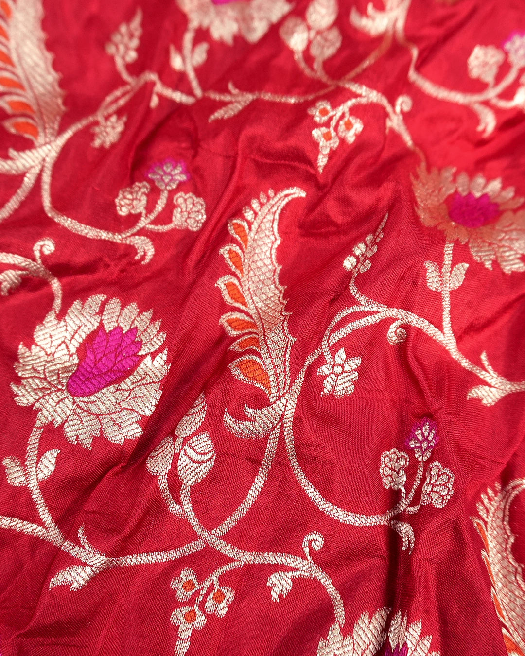 Red Pure Katan Saree with Floral Vine Jaal and Elegant Border