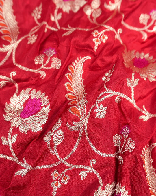 Red Pure Katan Saree with Floral Vine Jaal and Elegant Border