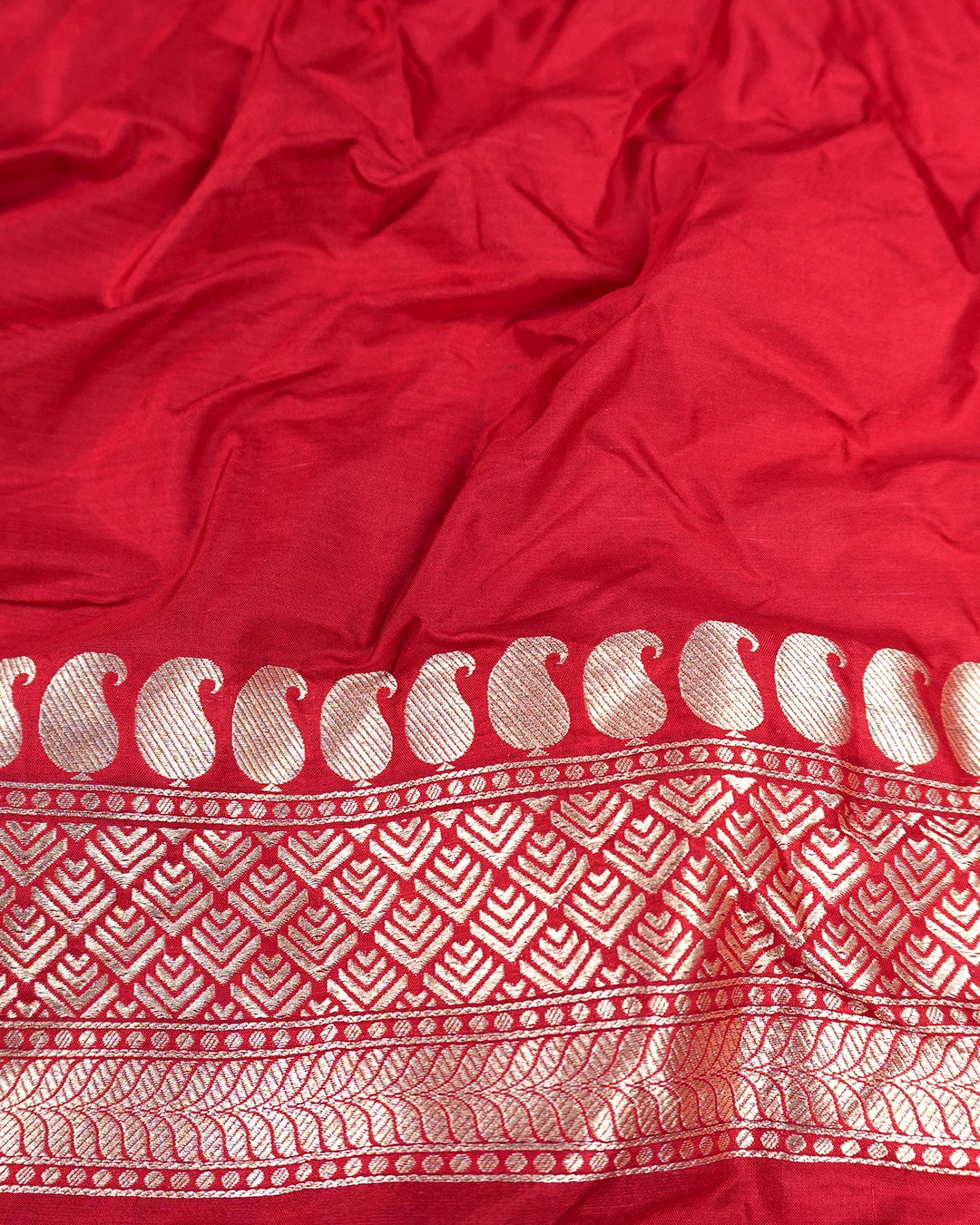 Red Pure Katan Saree with Floral Vine Jaal and Elegant Border