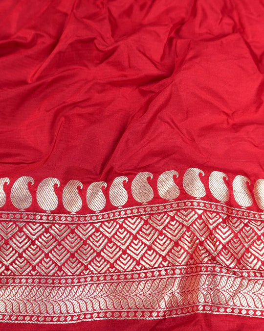 Red Pure Katan Saree with Floral Vine Jaal and Elegant Border