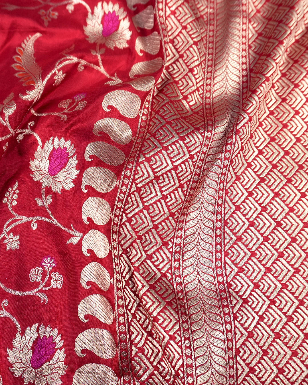 Red Pure Katan Saree with Floral Vine Jaal and Elegant Border