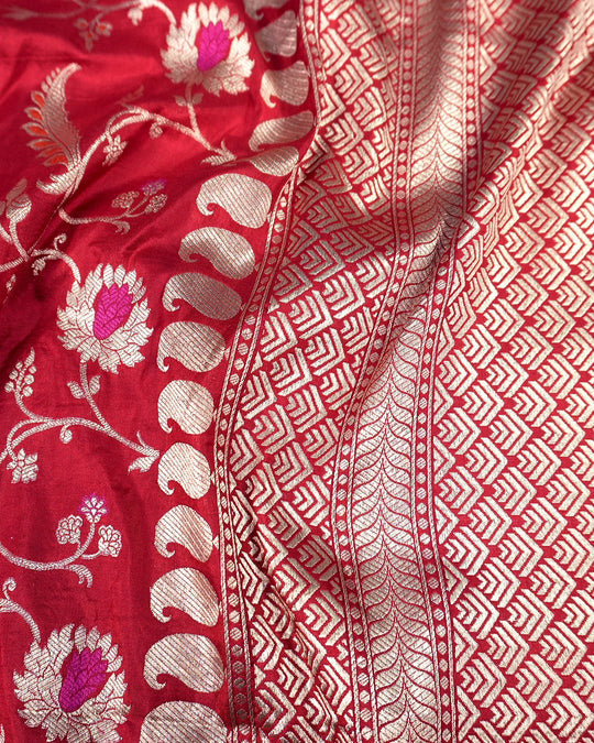 Red Pure Katan Saree with Floral Vine Jaal and Elegant Border