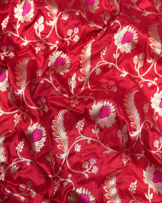 Red Pure Katan Saree with Floral Vine Jaal and Elegant Border