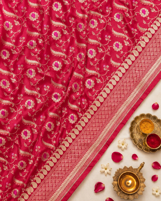 Red Pure Katan Saree with Floral Vine Jaal and Elegant Border
