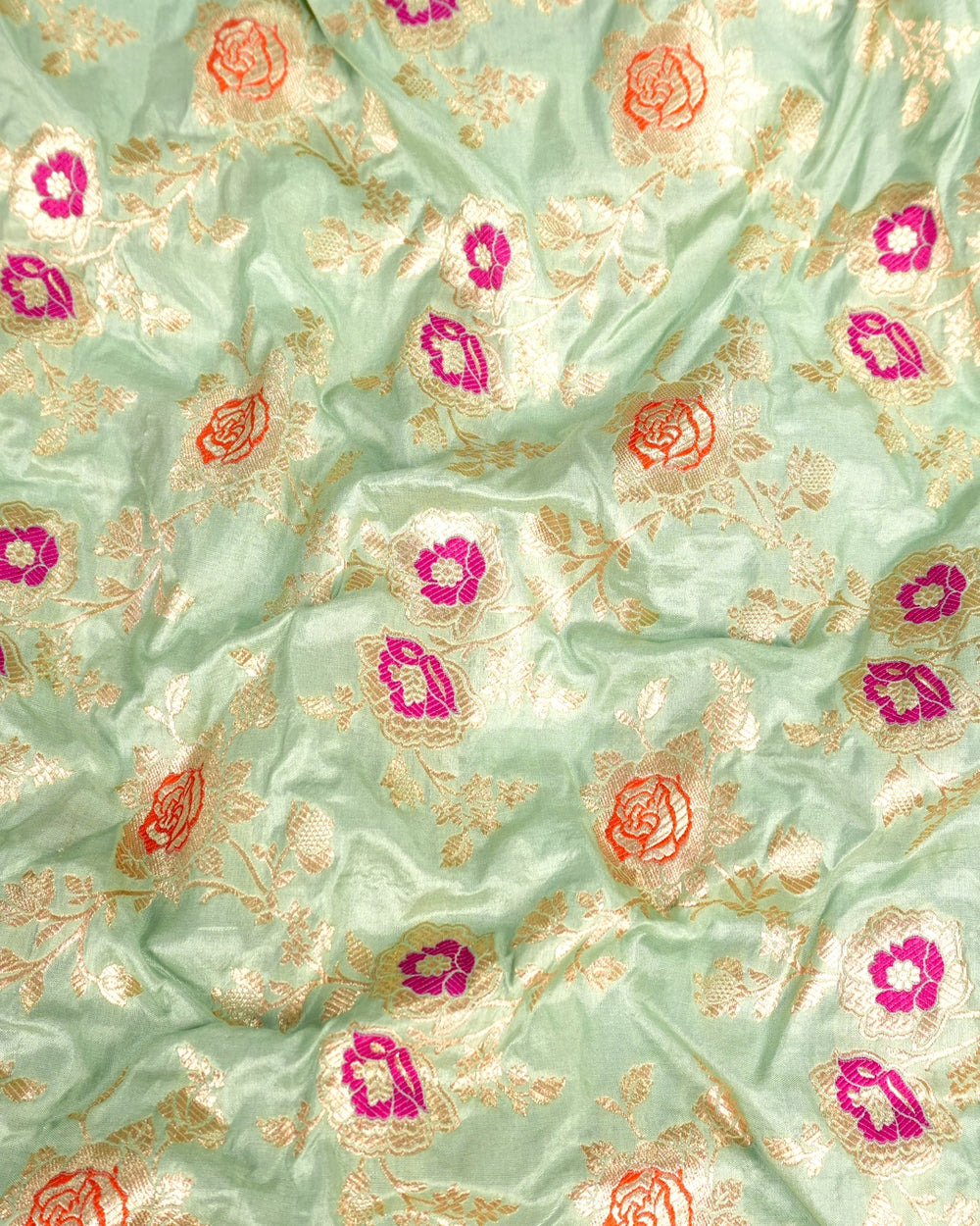 Green Pure Katan Saree with Multicolor Floral Meenakari Jaal