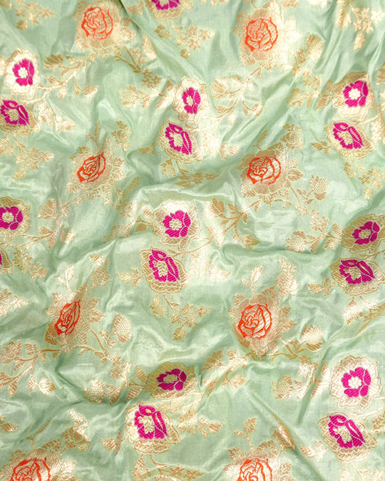 Green Pure Katan Saree with Multicolor Floral Meenakari Jaal