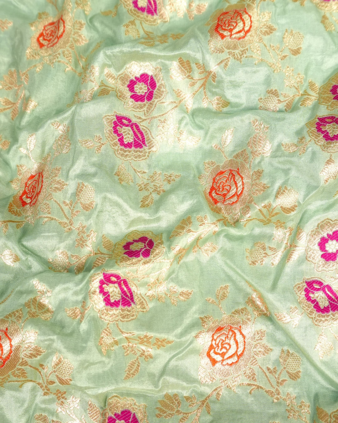 Green Pure Katan Saree with Multicolor Floral Meenakari Jaal