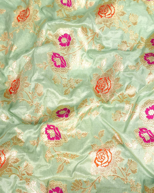 Green Pure Katan Saree with Multicolor Floral Meenakari Jaal