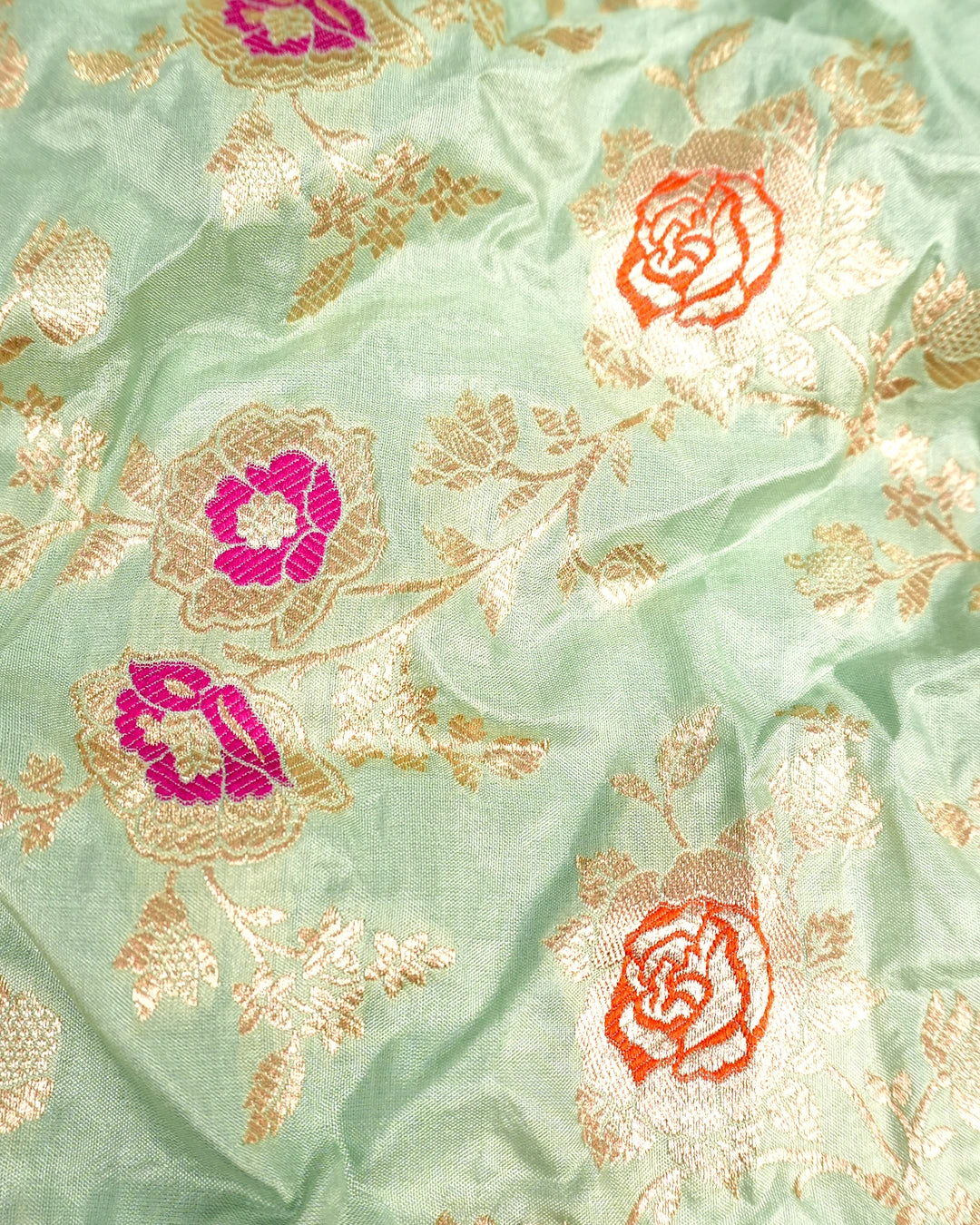 Green Pure Katan Saree with Multicolor Floral Meenakari Jaal