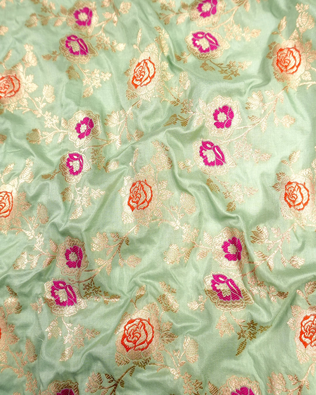 Green Pure Katan Saree with Multicolor Floral Meenakari Jaal