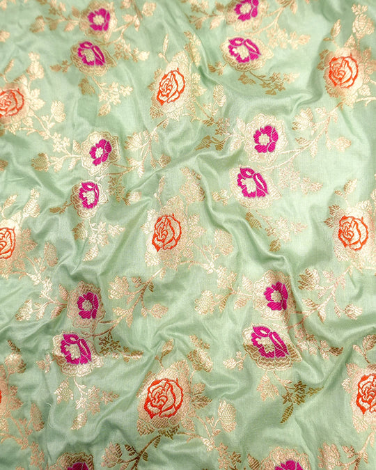 Green Pure Katan Saree with Multicolor Floral Meenakari Jaal