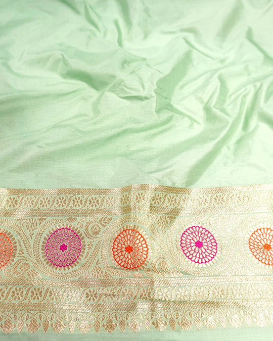 Green Pure Katan Saree with Multicolor Floral Meenakari Jaal