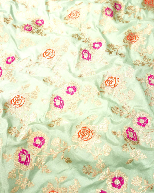 Green Pure Katan Saree with Multicolor Floral Meenakari Jaal