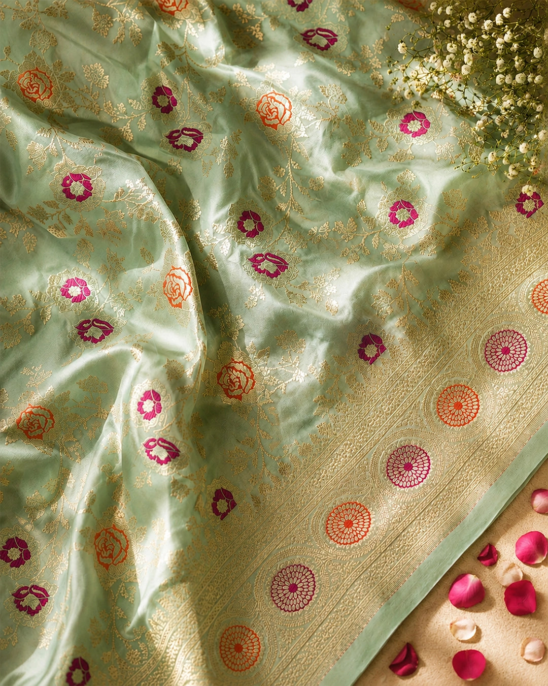 Green Pure Katan Saree with Multicolor Floral Meenakari Jaal