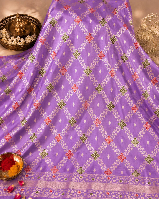 Lavender Pure Katan Saree with Floral Diamond Jaal and Meenakari Weaving