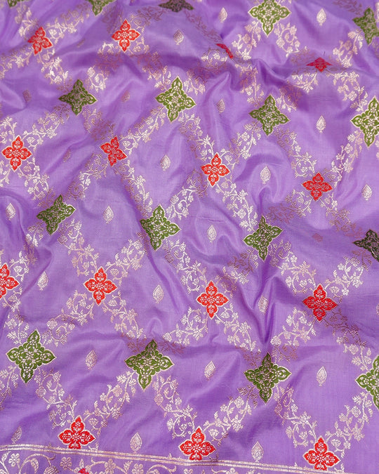 Lavender Pure Katan Saree with Floral Diamond Jaal and Meenakari Weaving
