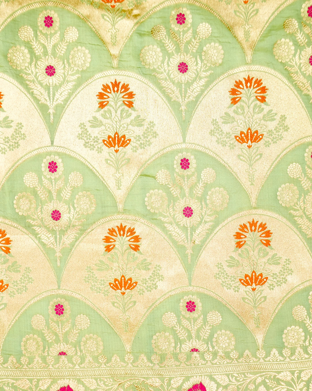 Pistachio Green Pure Katan Saree with Floral Medallion Weaving