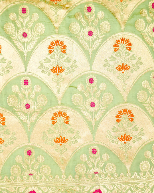 Pistachio Green Pure Katan Saree with Floral Medallion Weaving