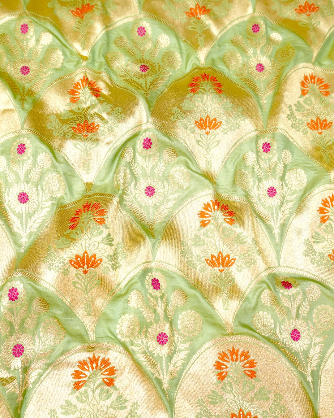 Pistachio Green Pure Katan Saree with Floral Medallion Weaving