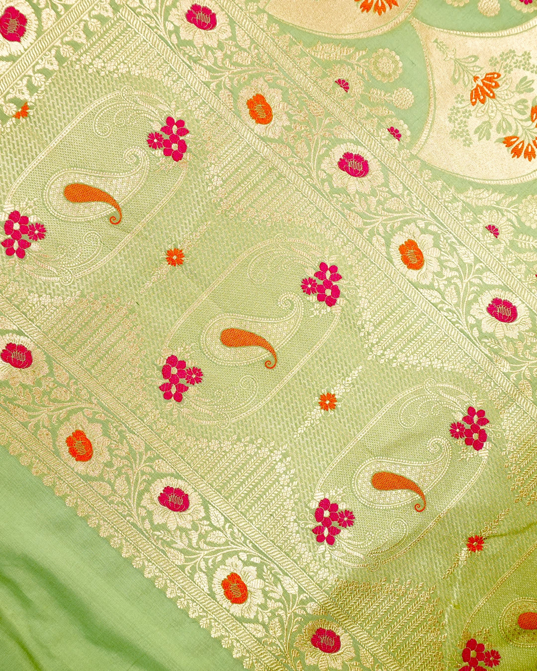 Pistachio Green Pure Katan Saree with Floral Medallion Weaving