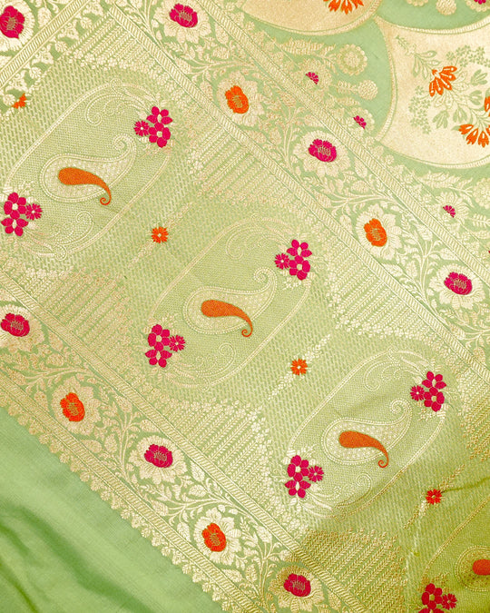 Pistachio Green Pure Katan Saree with Floral Medallion Weaving