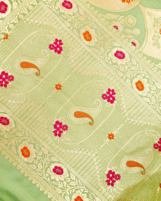 Pistachio Green Pure Katan Saree with Floral Medallion Weaving