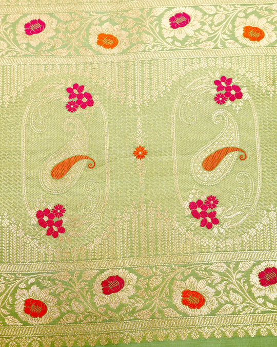 Pistachio Green Pure Katan Saree with Floral Medallion Weaving