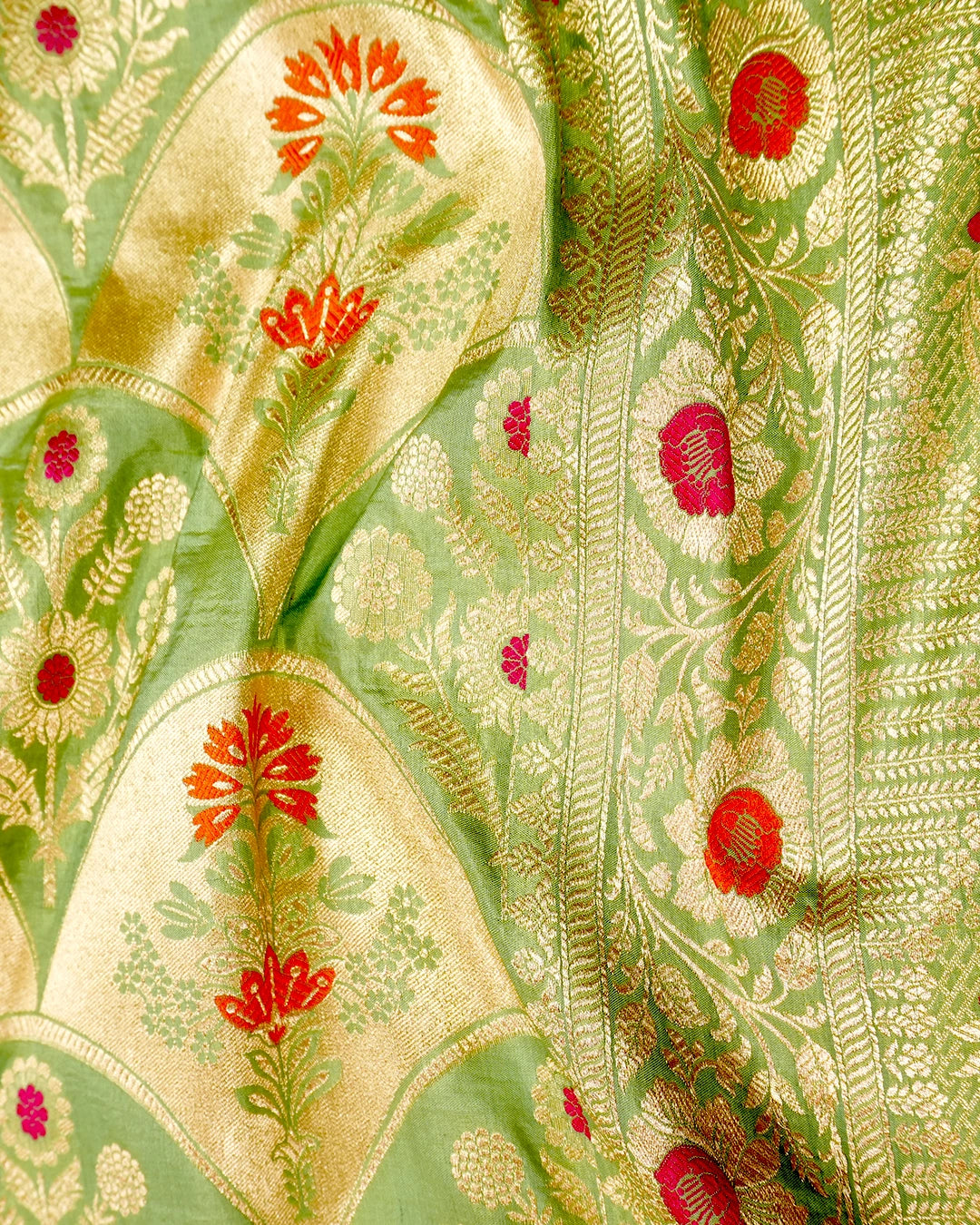 Pistachio Green Pure Katan Saree with Floral Medallion Weaving