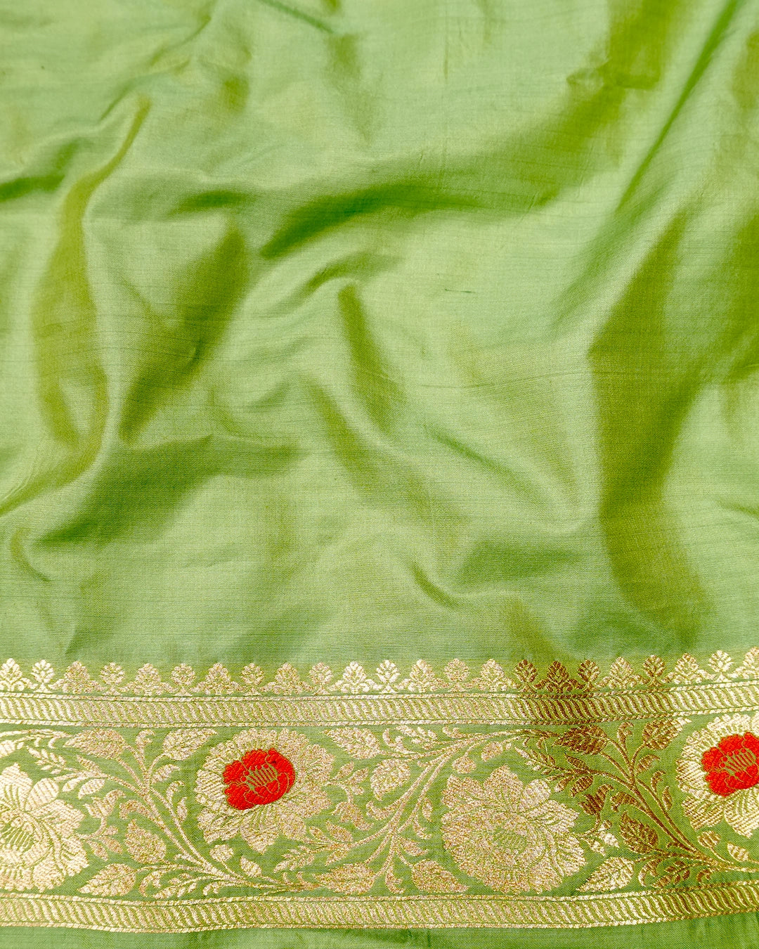 Pistachio Green Pure Katan Saree with Floral Medallion Weaving