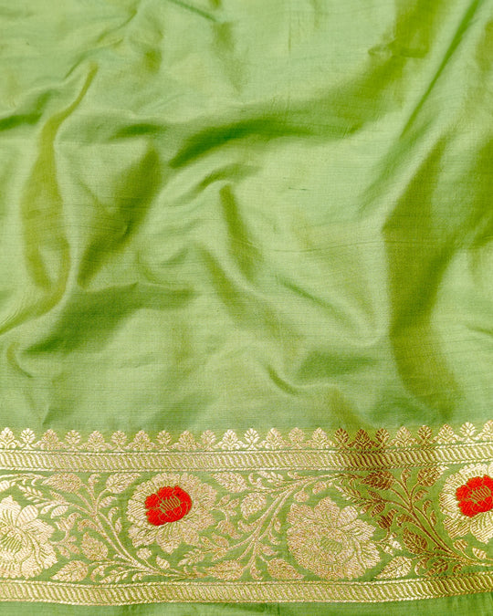 Pistachio Green Pure Katan Saree with Floral Medallion Weaving