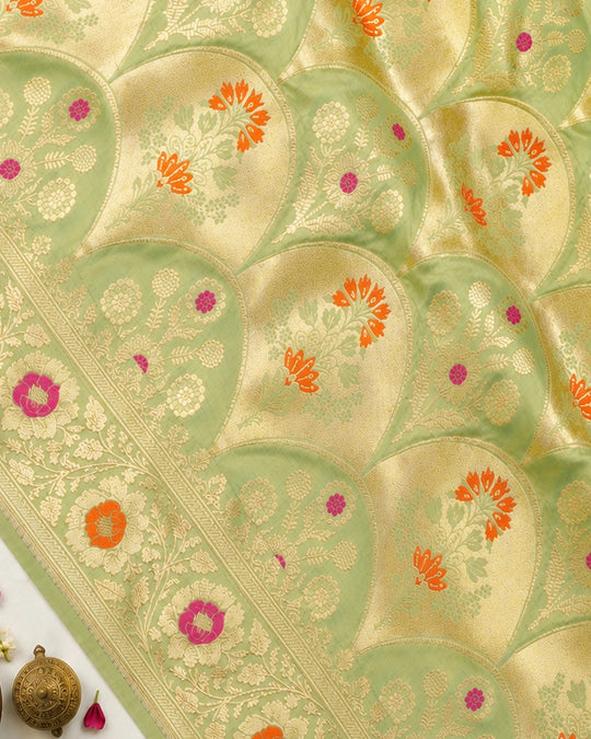 Pistachio Green Pure Katan Saree with Floral Medallion Weaving