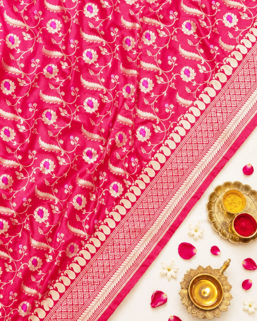 Red Pure Katan Saree with Elegant Floral Meenakari Weaving