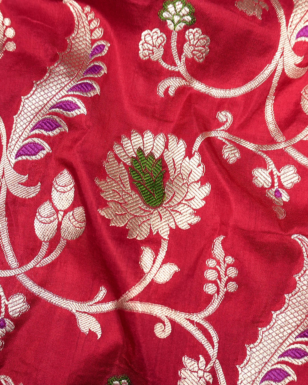 Red Pure Katan Saree with Elegant Floral Meenakari Weaving
