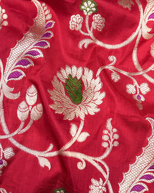 Red Pure Katan Saree with Elegant Floral Meenakari Weaving