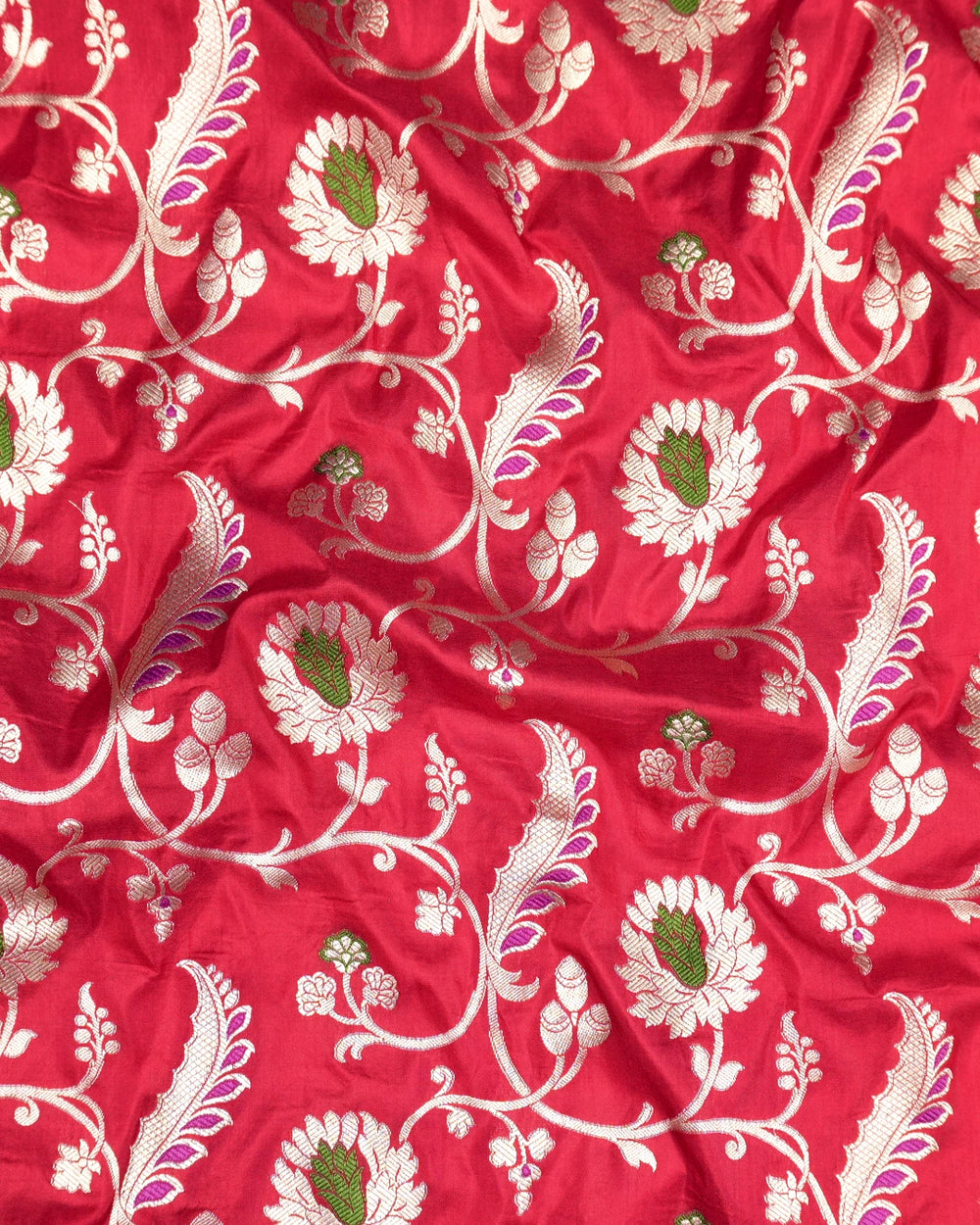 Red Pure Katan Saree with Elegant Floral Meenakari Weaving